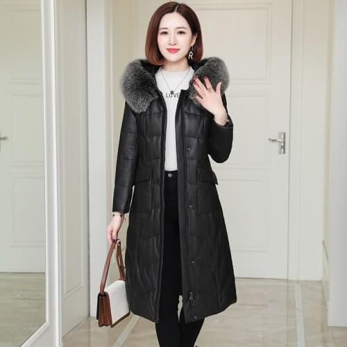 2020 Genuine Leather Jacket Women Long Winter Sheepskin Coat Fox Fur Collar Hooded Luxury Leather Jackets Women KJ3549