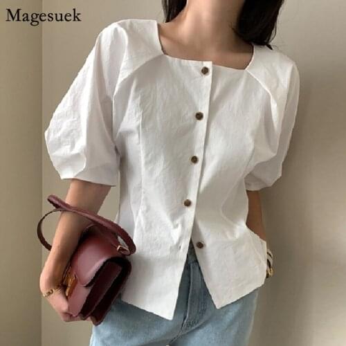 Korean Fashion Short Sleeve White Woman Shirts Square Collar Vintage Plus Size Women Clothing Solid Ladies Blouses Tops 14490