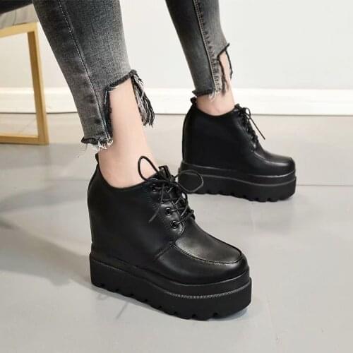 2019 High Platform Patent Leather Casual Shoes Women Spring/autumn Wedge Ankle Boots For Women 12 CM Height Increasing Sneakers