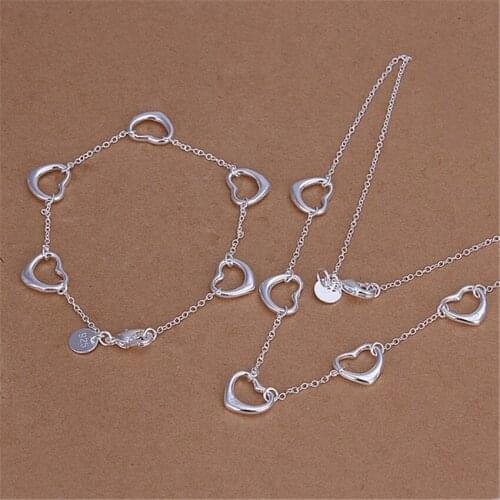 Charms 925 sterling Silver romantic LOVE five hearts Bracelet necklace Jewelry set for women Fashion Party wedding Holiday gifts