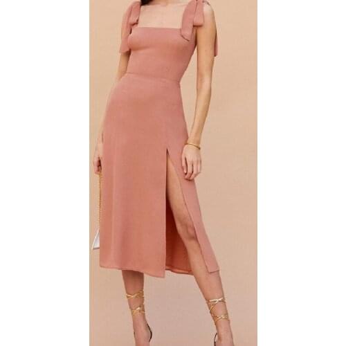 Women Lace-Up Sling Midi Dress Ladies Sleeveless U-Neck Slim Waist Split Long Dresses 2021 Sping Summer