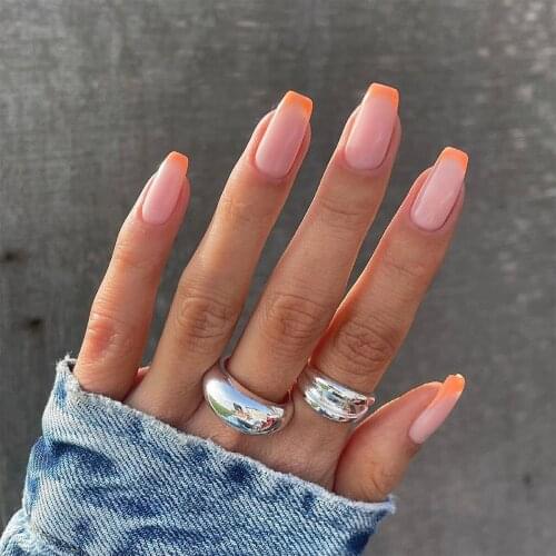 24pcs Nude Orange French Style Fake Nails Full cover Fake Nails Glue DIY Manicure Nail Art Tools