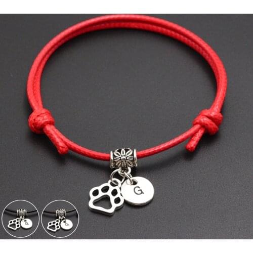 A-Z English Alphabet Dog Paw Print Charm Red Thread String Bracelet Handmade DIY Lucky Rope Bracelet For Women Men Jewelry