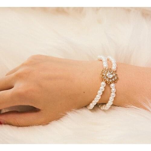 Elegant Double Layers Women Elasticity Bracelet Simulated Pearl Beaded Charm Wide Cuff Bracelets Bangles for Bridal Jewelry