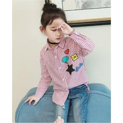 Childrens clothing girl cotton long sleeve shirt stripe casual length shirt