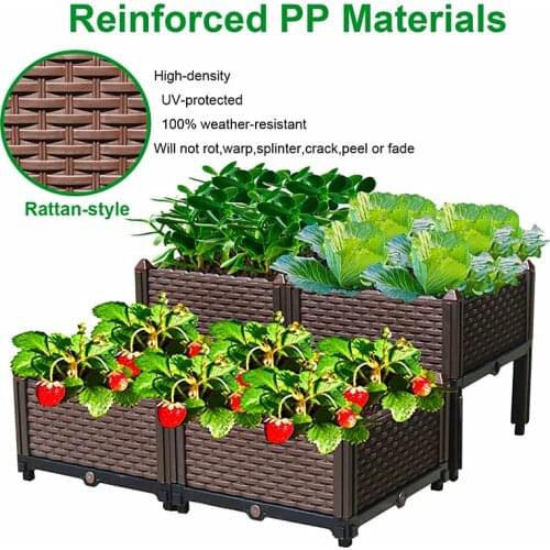 For Fresh Vegetable Flowers Succulents Brown Rectangular Raised Garden Bed Kit, Plastic Grow Box Planter