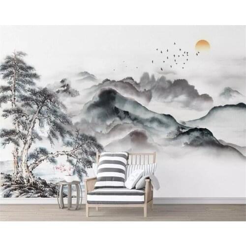 Beibehang Custom Ink Mountain Pine Water Crane Photo Wallpaper modern Style Vintage Living Room Bedside Decor 3D Mural wallpaper