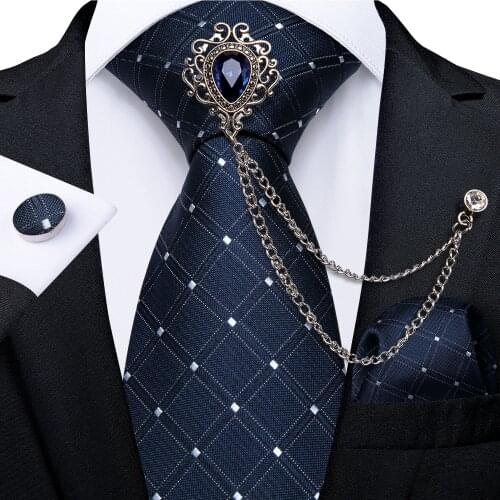 8cm Dark Blue Mens Plaid And Dot Silk Tie Business Wedding Necktie Handkerchief With Luxury Crystal Brooch Men Gift Tie DiBanGu