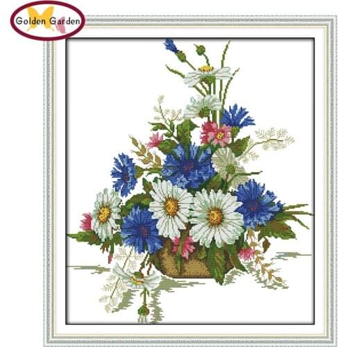 GG Chrysanthemum Flower Basket Cross Stitch Joy Sunday Needlework Embroidery Handcraft Count Cross Stitch Pattern for Home Decor