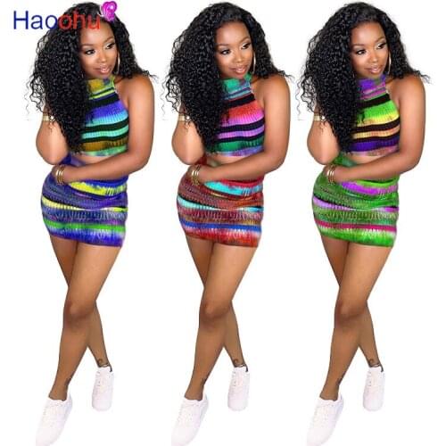 HAOOHU Striped Knitted Sexy Two Piece Set Off Shoulder Crop Top Bodycon Mini Dress for Women Summer Club Outfits Matching Sets