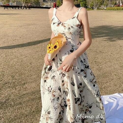 JuneLove French Vintage Strap Floral Dress Women Elegant Sexy Party Backless Midi Dresses Retro Sweet Holiday Print Dress Summer