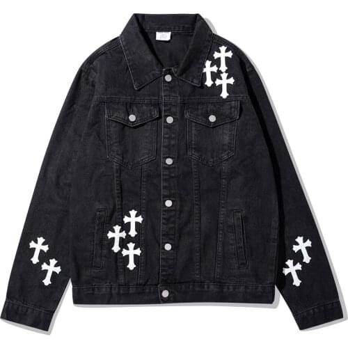 Spring Autumn Harajuku PU Cross Washed Jeans Jacket Men Urban Oversize Streetwear Loose Coat Hip Hop Denim Jackets Males