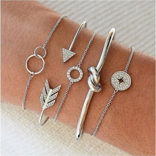 Miss JQ 5Pcs/set Classic Arrow Knot Gold Silver Color Multi-layer Open Bracelet Set For Women boho Jewelry bransoletki damskie