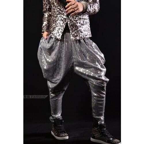 Hot 2020 New Mens Pants Silver Sequins Harem Pants Stage Wear Europe Mens Casual Pants Edition Performance Costumes