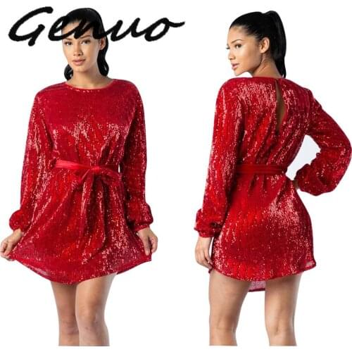 Genuo Autumn Women Red Sequins O-Neck Long Sleeve Sashes Waist Slim Dress Elegant Sexy Night Club Party Mini Dresses Vestidos