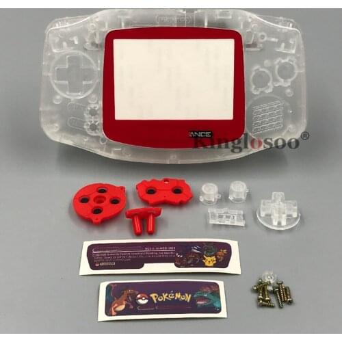 Clear Full Shell kit case for Gameboy Advance GBA housing cover w/ red lens rubbers pads