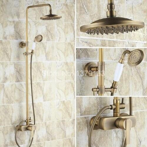 Bathroom Rain Shower Faucet Set Antique Brass Single Lever Mixer Tap + 8" Inch Round Rainfall Shower Head + Handshower ars176