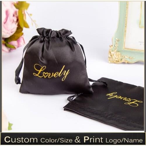 Luxury Jewelry Satin Drawstring Storage Bags Packaging Hair Wigs Makeup Bag Wedding Party Gift Pouches Custom Print Logo 50pcs