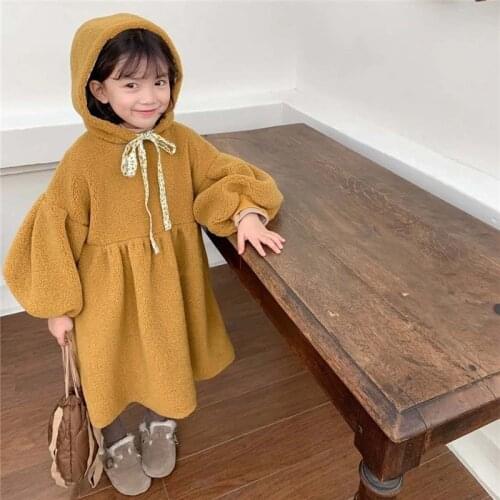 Spring Winter Girl Coat Jackets Warm Yellow Fur Bowknot Hooded Collar Long Clothing Kids Teenage Children Tops Thicken Loose