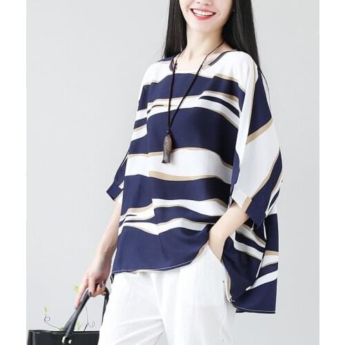 Vintage T Shirts Women 2021 Summer Fashion Elegant T Shirt Oversize Femme Tops Ladies Striped Casual Blouse Shirt Blusas AA5656