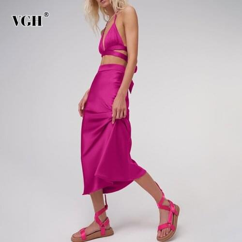 VGH Casual Solid Lace Up Bodycon Long Skirts Woman Korean Fashion Red Satin High-waisted Skirt For Women 2021 Summer Clothes New