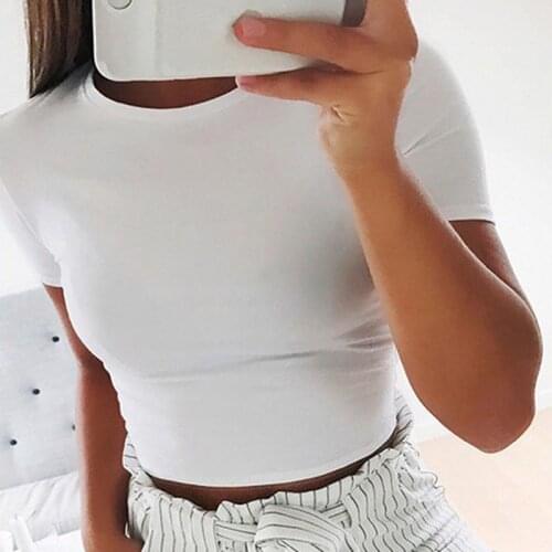 Women Summer Short Sleeve Slim Fitted Short Crop Top T-Shirt Slolid Gym Ladies Casual Tshirt White Black Gray