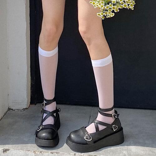 Brand New Sweet Lolita Style Gothic Cosplay Black Lovely Heart Buckles Cross-Strap Cozy Wedges Heels Pumps Shoes Woman