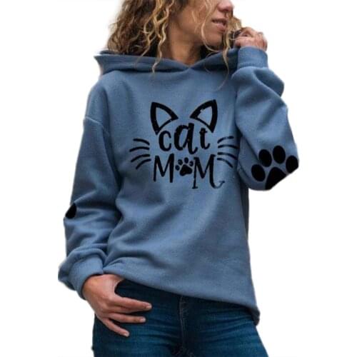 Plus Size Hoodies Women Casual Kawaii Cat Letter Print Long Sleeves Pullover Sweatshirts Autumn Warm Hooded Sweatshirt Tops