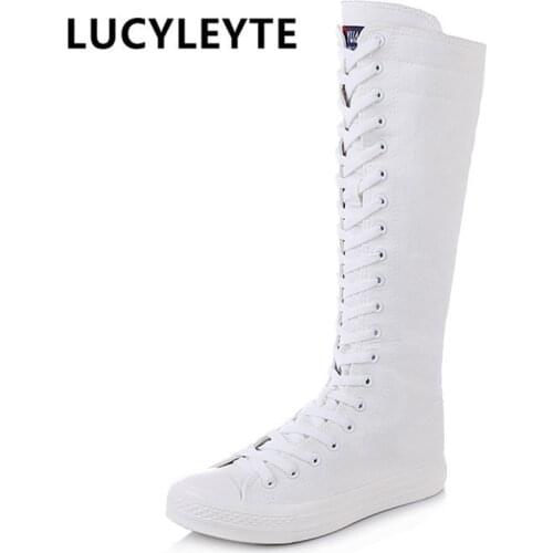 2019 new women fashion High-top zipper and lace boots Spring/Autumn Long-barreled casual flats canvas boots big size 34-43