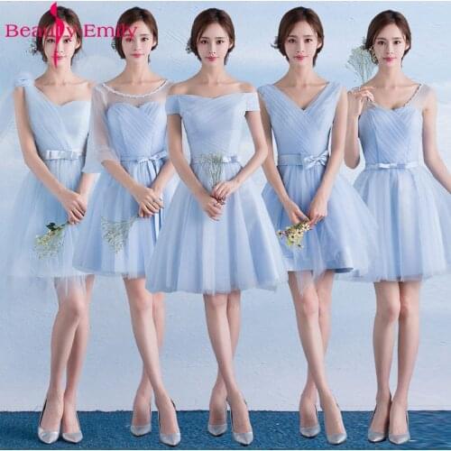 Beauty Emily Short Lace Blue Bridesmaid Dresses 2019 A-Line Sleeveless Lace Up Off the Shoulder Wedding Party Prom Dresses