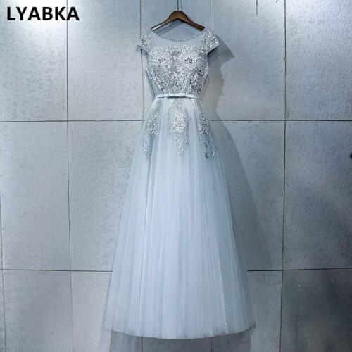 Scoop Neck Evening Dress Elegant Robe De Soiree Gray Tulle With Appliques Evening Dresses Long Dress 2019 Vestido De Festa