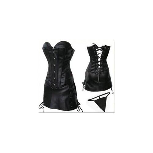 Free shipping Punk Gothic Faux Leather Sexy Lingerie Black Corset Bustier TOP Skirt Dress plus size