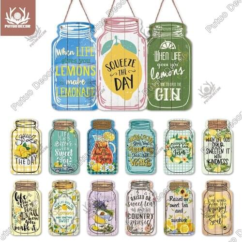 Putuo Decor Lemon Tea Signs Mason Jar Shape Wooden Signs Irregular Plate for Home Decoration Kitchen Wall Decor Hanging Plaque