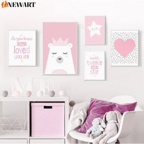 Baby Girl Nursery Pink Wall Art Poster Print Star Crown Bear Princess Positive Letter Canvas Painting Decoration Kid Bedroom Art