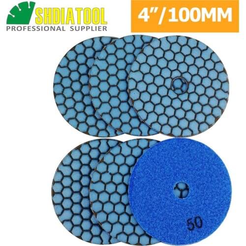 SHDIATOOL 6pcs Dia 4inch Resin Bond Diamond Flexible Polishing Pads Grit #50 100mm Dry Stone Sanding Disc Granite Marble Ceramic