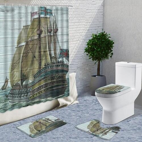 Ancient Sailboat On Wooden Boards Shower Curtains Sets Bathroom Curtain And Toilet Floor Mats Anti Slip Carpet Rugs U Shaped Pad