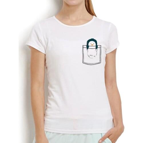 Cute Penguin in pocket funny t shirt women summer new white casual short sleeve tshirt femme kawaii streetwear t-shirt
