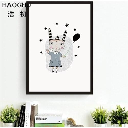 HAOCHU Nordic Cartoon Canvas Painting Smile Rabbit Girl Poster Decorative Wall Pictures for Kids Room Lovely Balloon Striped Hat