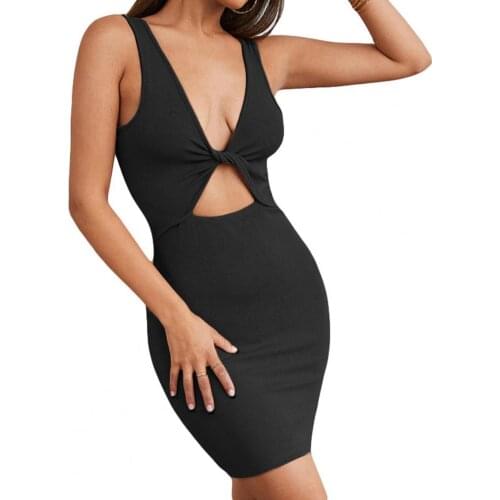 50% Hot Sales Women Front Knot Solid Color Cut Out Sleeveless Mini Bodycon Dress for Dating