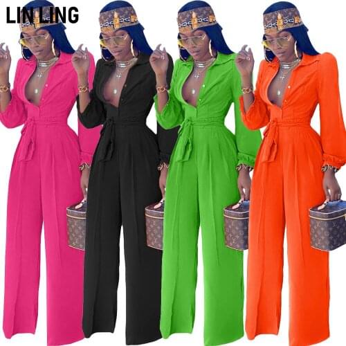 Linling Solid Color Casual V-Neckbutton Shirt Collar Jumpsuit With Belt Loose Wide Leg Pants Fashion Streetwear Rompers