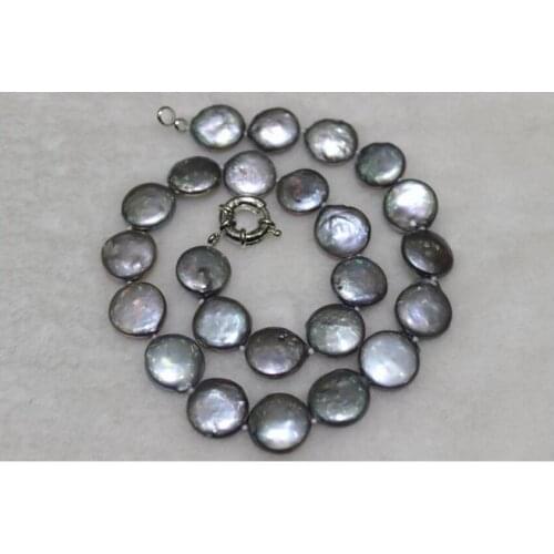Coin shape freshwater pearl necklace black gray 13-15mm 17INCH fine jewelry