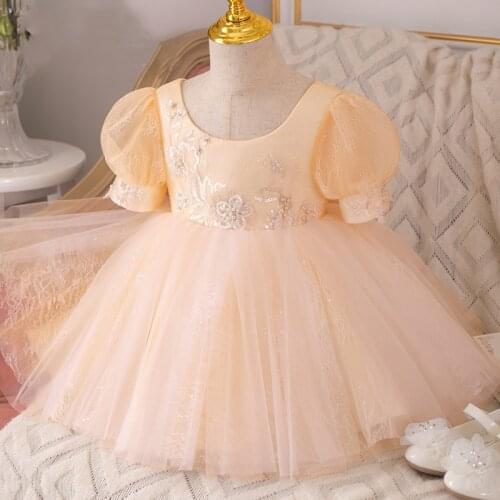 Fashion baptism dress for baby girl christening Wedding party dress for kids lantern sleeve princess summer Lace Appliques Frock