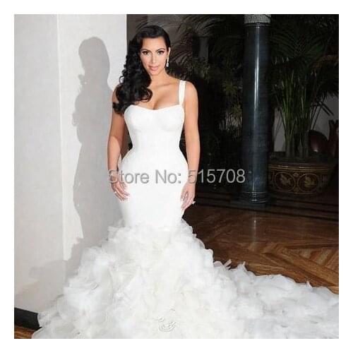 Luxury Mermaid Sexy Spaghetti Backless Chapel Train Organza Designer Bridal Gown Layered Ruffles China Wedding Dress