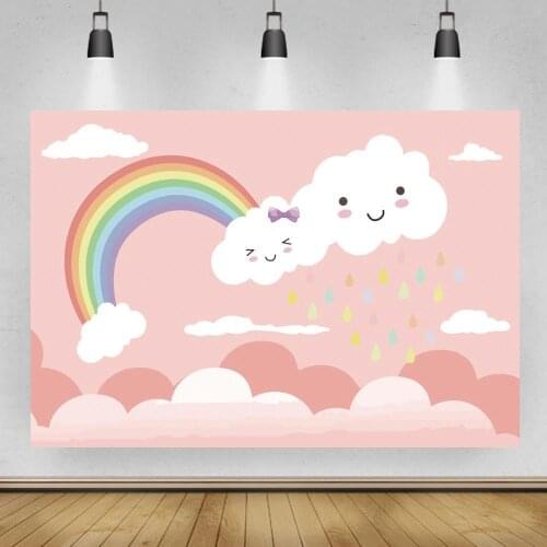 Hand Painted Rainbow Smile Clouds Newborn Baby Shower Photo Backgrounds Rainy Kids Birthday Cake Table Decor Backdrops Vinyl