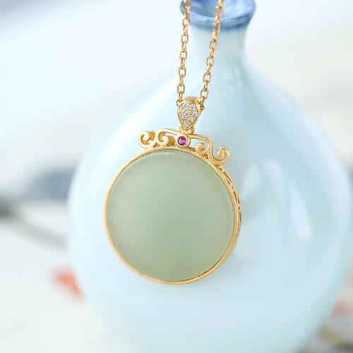 S925 Sterling Silver Gold Plated Hetian Gray Jade round Lucky Pendant Simple Retro Style Temperament Female Pendant Jewelry for