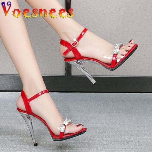 Women Shoes 2021 Summer New Candy Color Open Toe Sandals 11CM Shining Diamond Stiletto Shoes Female Sexy Transparent High Heels