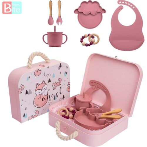 Baby Silicone Feeding Tableware Sets with Exquisite Box Food Grade Non-Slip Crockery BPA Free Feeding Sets for Baby Birth Gifts