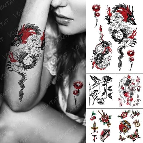 Waterproof Temporary Tattoo Stickers Dragon Rose Old School Flash Tattoos Female Sketch Body Art Arm Fake Tatoo Male