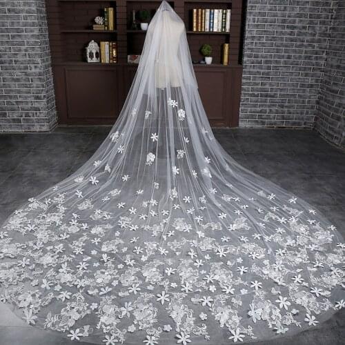Top Quality 350cm Voile Bride Cathedral Veils 3D Appliqued Flowers Bridal Veils
