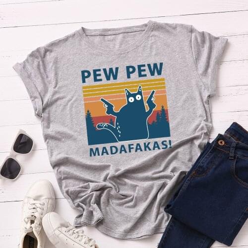 100% Cotton Black Cat Pew Pew Madafakas Funny Cat Gangster With Gun Meme Retro Womens Short Sleeves T-Shirt Humor Gift Tops Tee